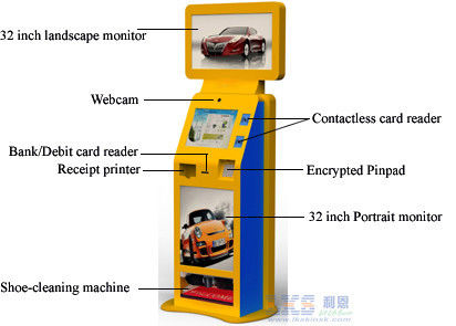 Shoe-cleaning Machine Free Standing Kiosk Three Screens Only One PC Controls